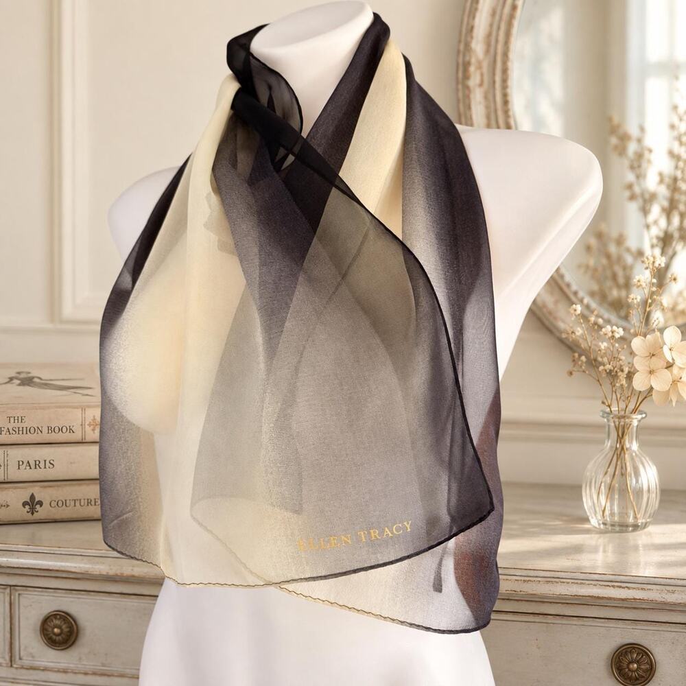 Vintage Ellen Tracy Silk Chiffon Scarf 1990s Ombre Black Cream 14x58